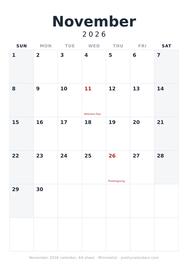 Printable November 2026 calendar sized for A4 paper, Minimalist style