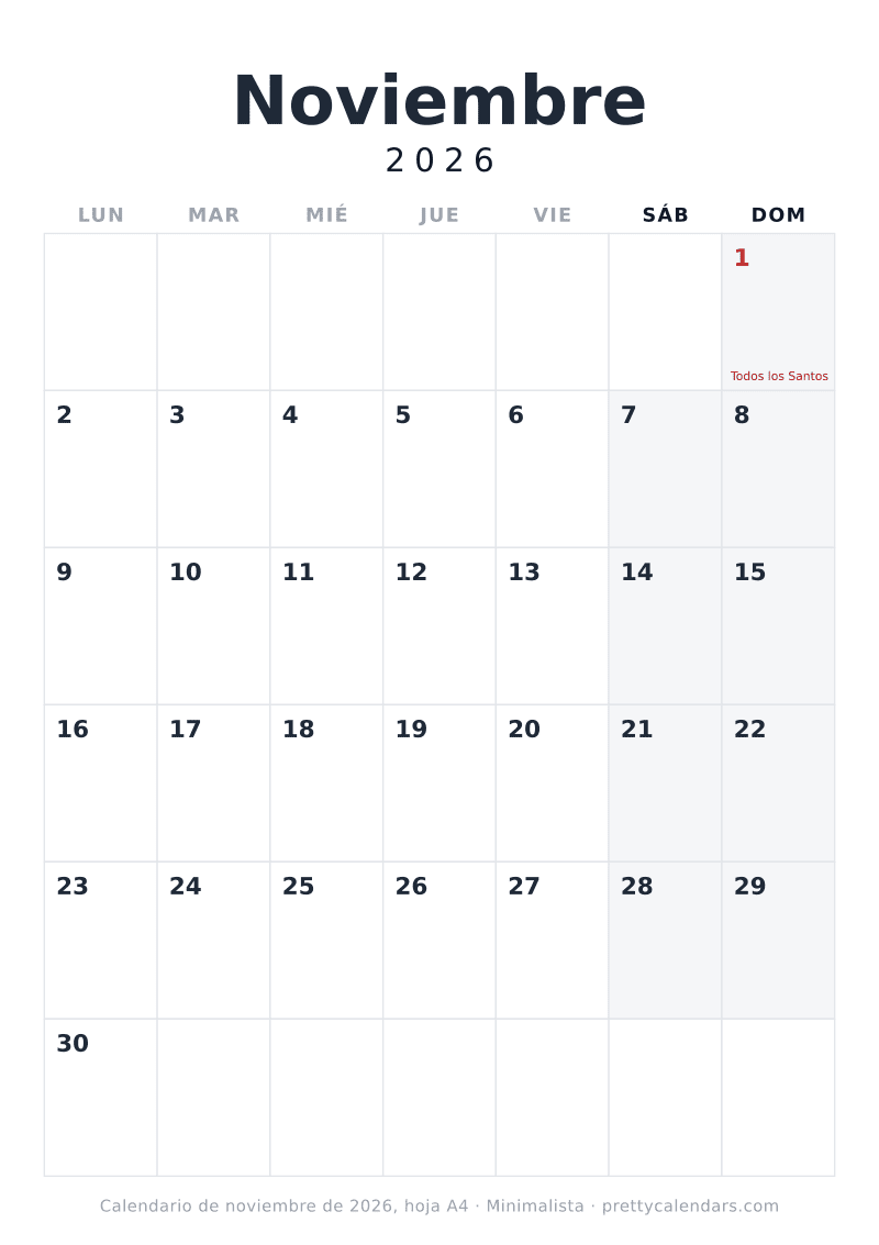 Calendario de Noviembre 2026 para imprimir con las medidas de un A4, estilo Minimalista