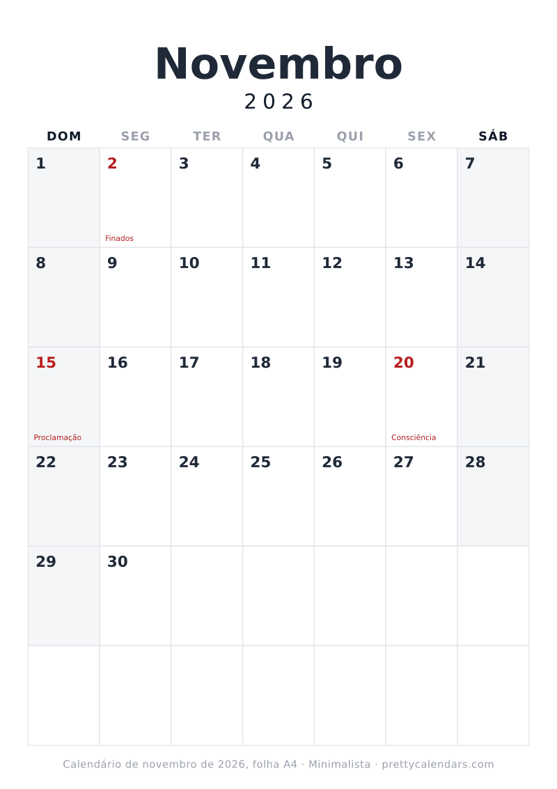 Calendário de Novembro de 2026 para imprimir com tamanho A4 real, estilo Minimalista