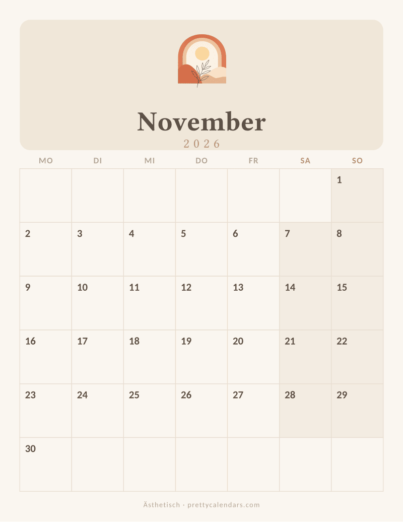 Druckbarer Kalender November 2026, Design Ästhetisch