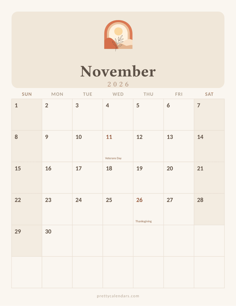 November 2026 printable calendar, Aesthetic style