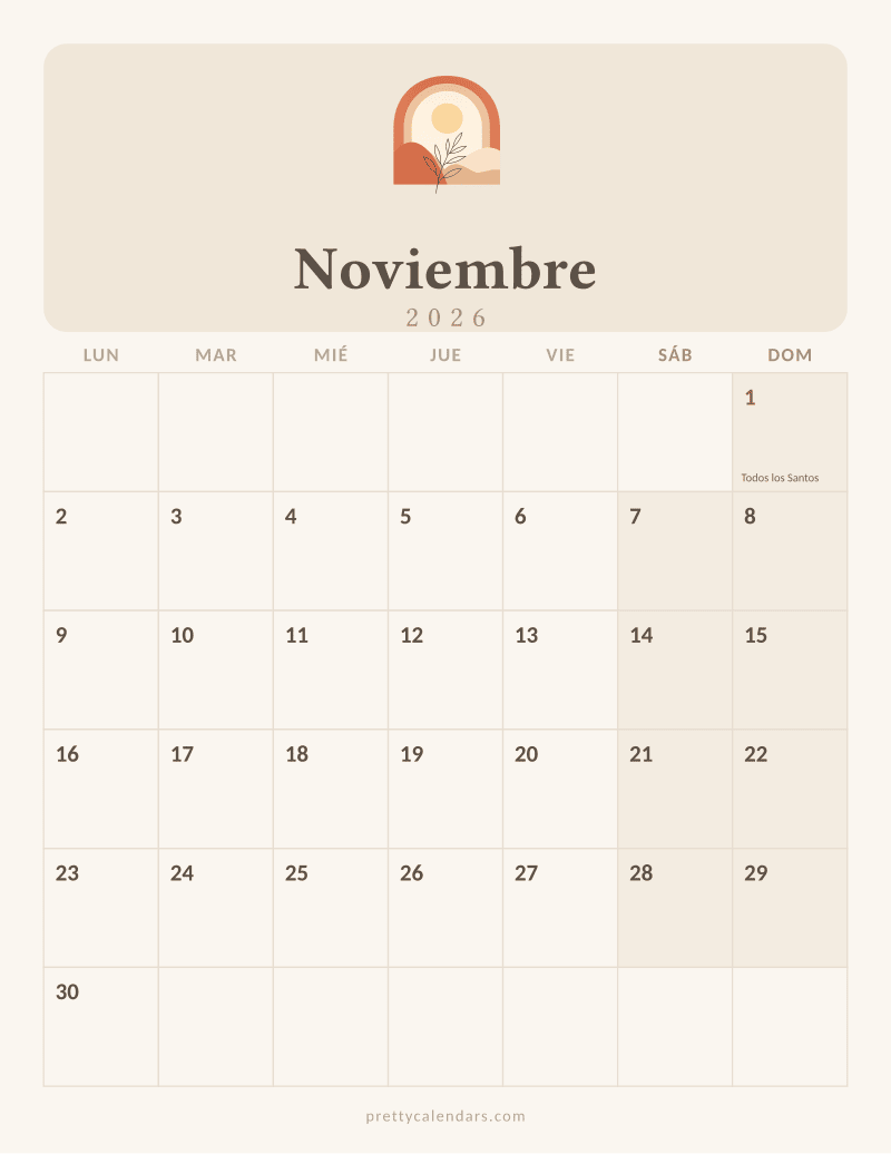 Calendario de Noviembre 2026 para imprimir, estilo Aesthetic