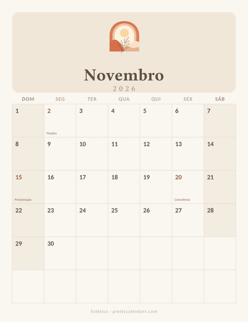 Calendário de Novembro de 2026 para imprimir, estilo Estético