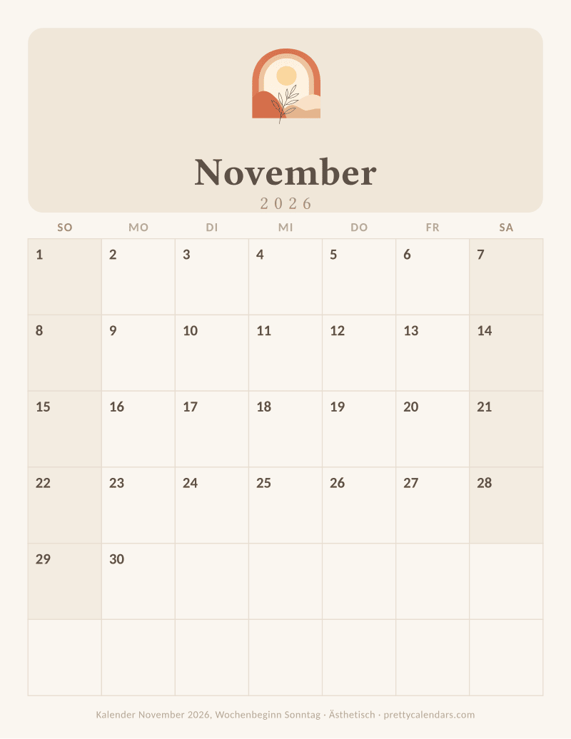 Druckbarer Kalender November 2026 mit alternativem Wochenbeginn, Design Ästhetisch