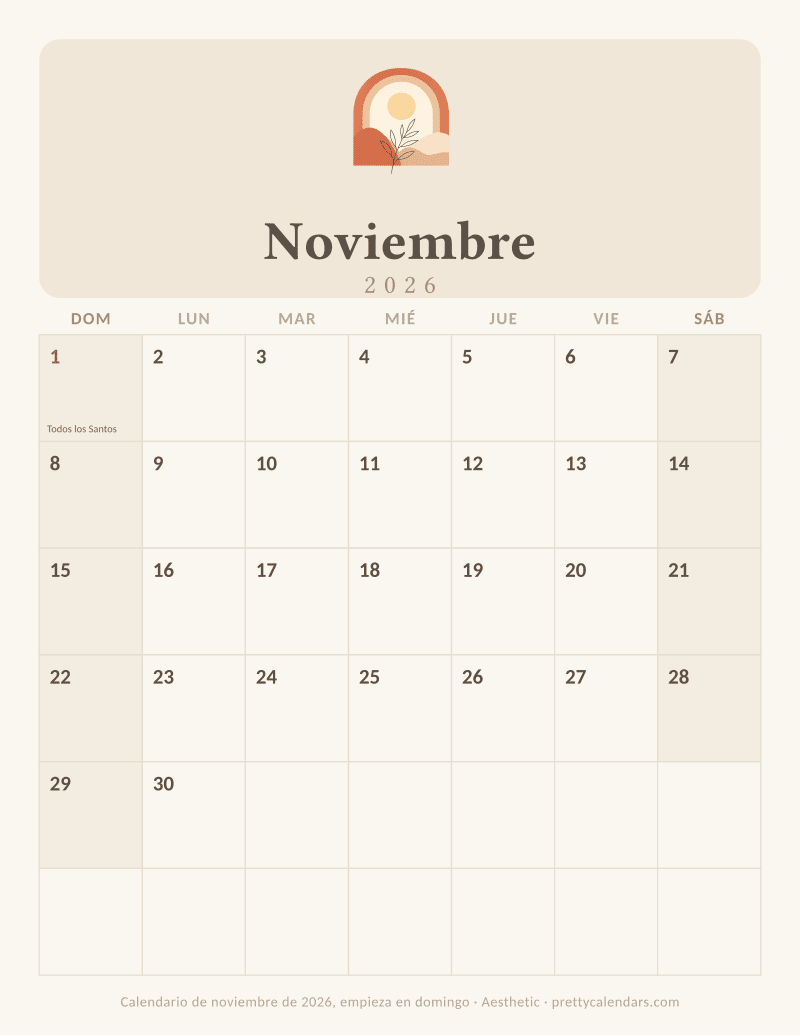 Calendario de Noviembre 2026 para imprimir con la semana empezando en domingo, estilo Aesthetic