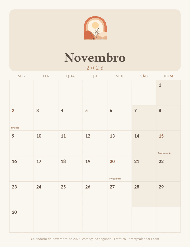 Calendário de Novembro de 2026 para imprimir com outro início da semana, estilo Estético