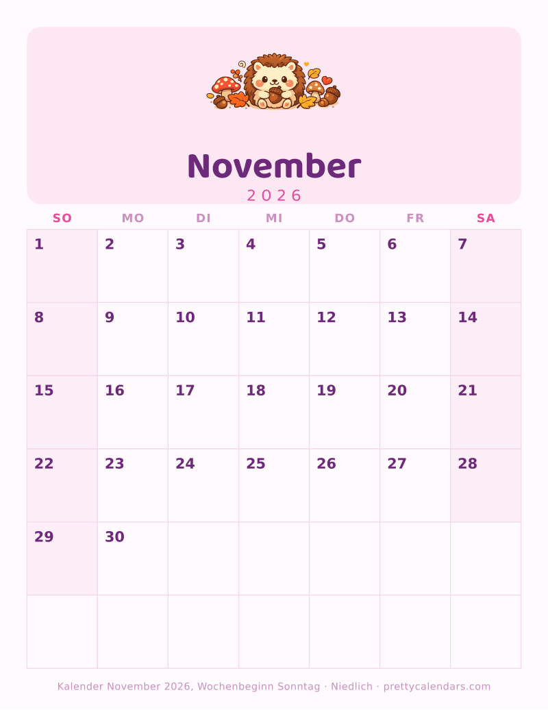 Druckbarer Kalender November 2026 mit alternativem Wochenbeginn, Design Niedlich