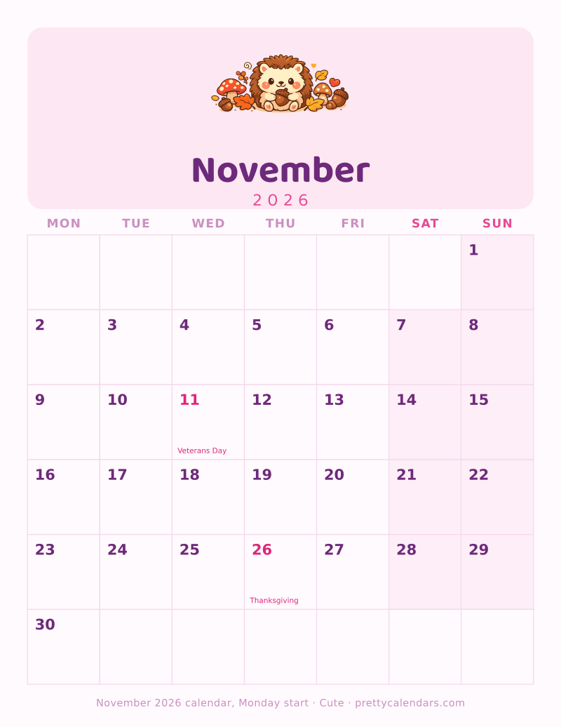 Printable November 2026 calendar with the week starting on Monday, Cute style