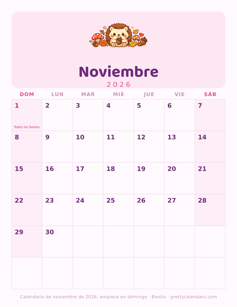 Calendario de Noviembre 2026 para imprimir con la semana empezando en domingo, estilo Bonito