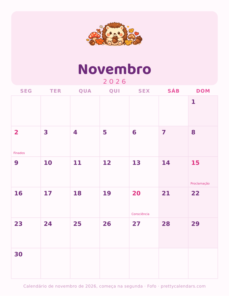 Calendário de Novembro de 2026 para imprimir com outro início da semana, estilo Fofo