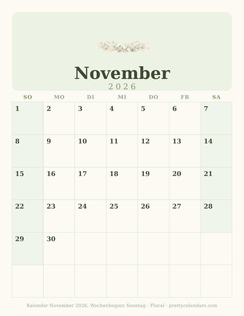 Druckbarer Kalender November 2026 mit alternativem Wochenbeginn, Design Floral
