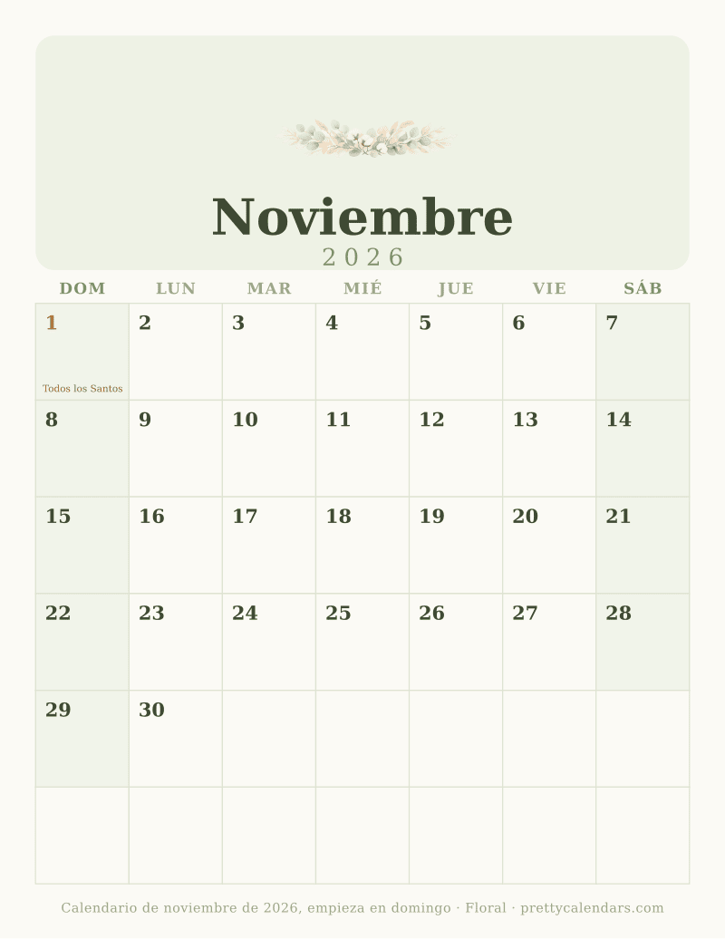 Calendario de Noviembre 2026 para imprimir con la semana empezando en domingo, estilo Floral