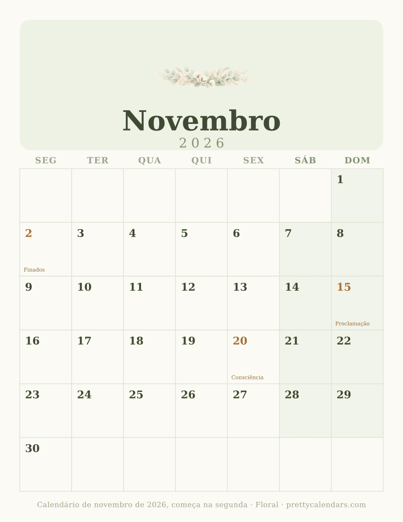 Calendário de Novembro de 2026 para imprimir com outro início da semana, estilo Floral