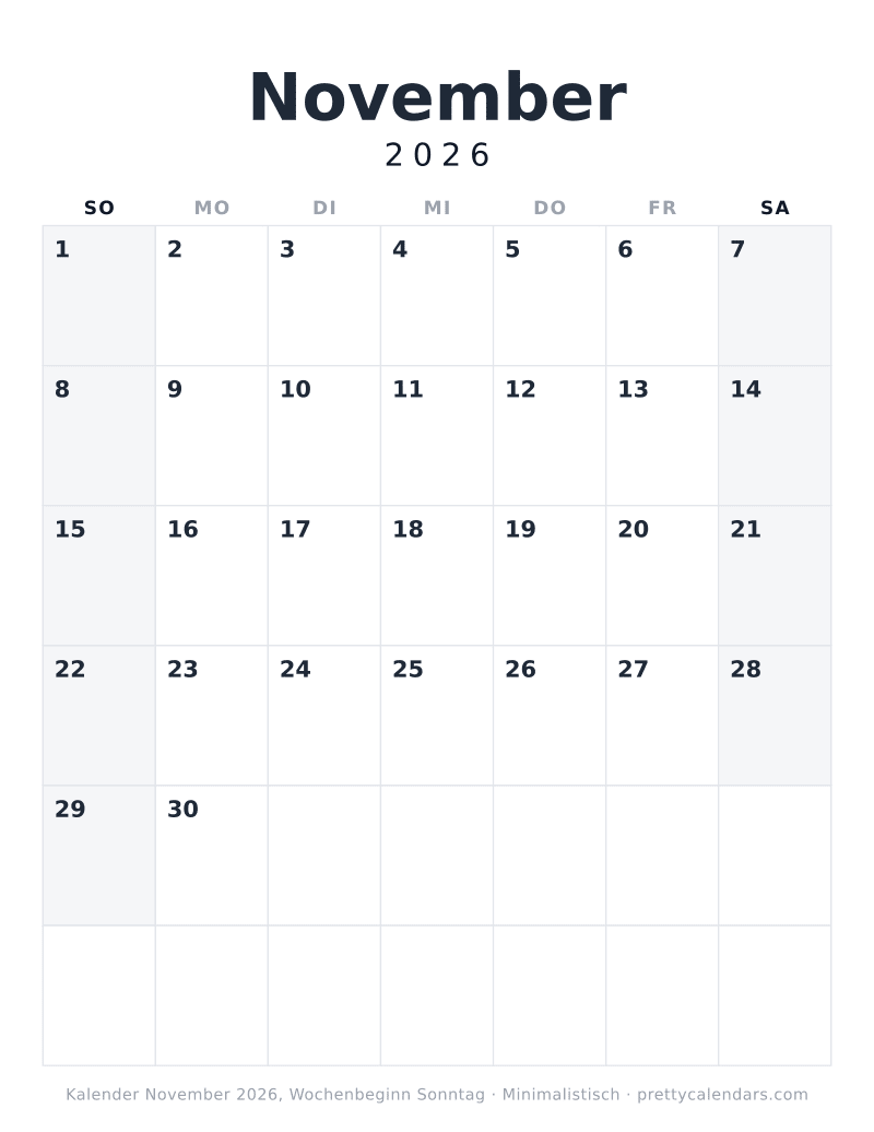 Druckbarer Kalender November 2026 mit alternativem Wochenbeginn, Design Minimalistisch