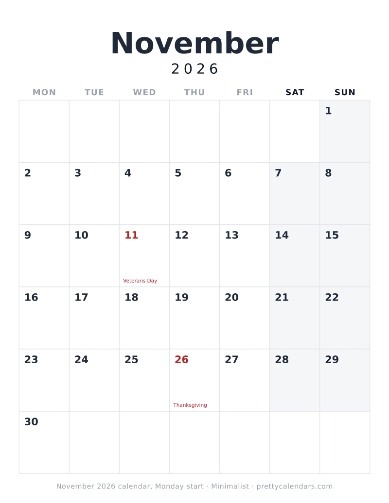 Printable November 2026 calendar with the week starting on Monday, Minimalist style