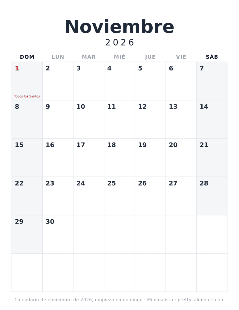 Calendario de Noviembre 2026 para imprimir con la semana empezando en domingo, estilo Minimalista