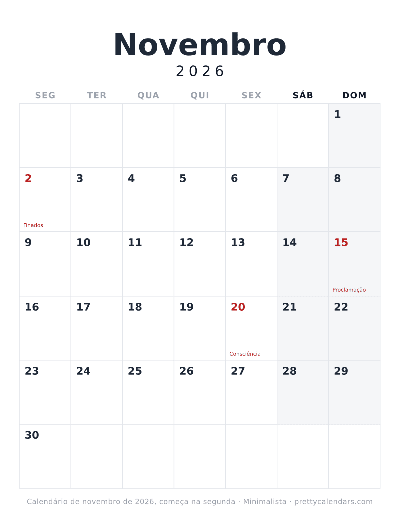 Calendário de Novembro de 2026 para imprimir com outro início da semana, estilo Minimalista