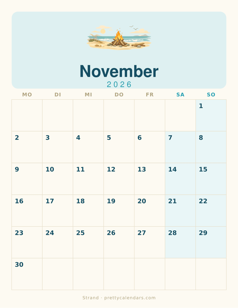 Druckbarer Kalender November 2026, Design Strand