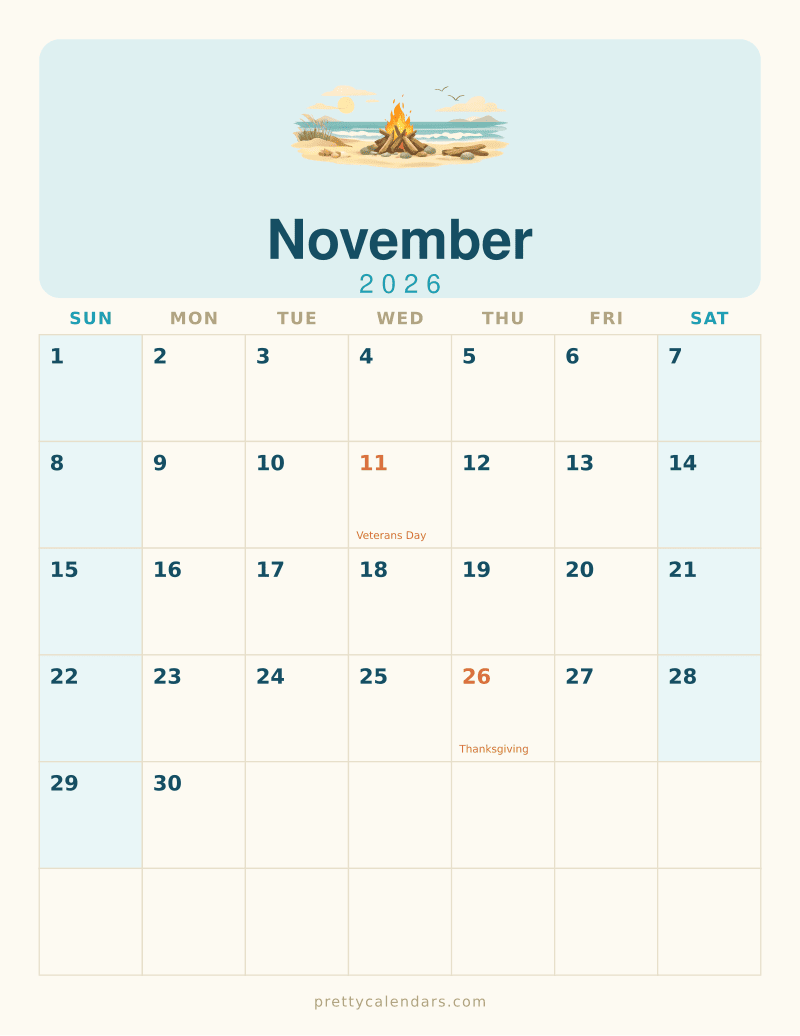 November 2026 printable calendar, Beach style