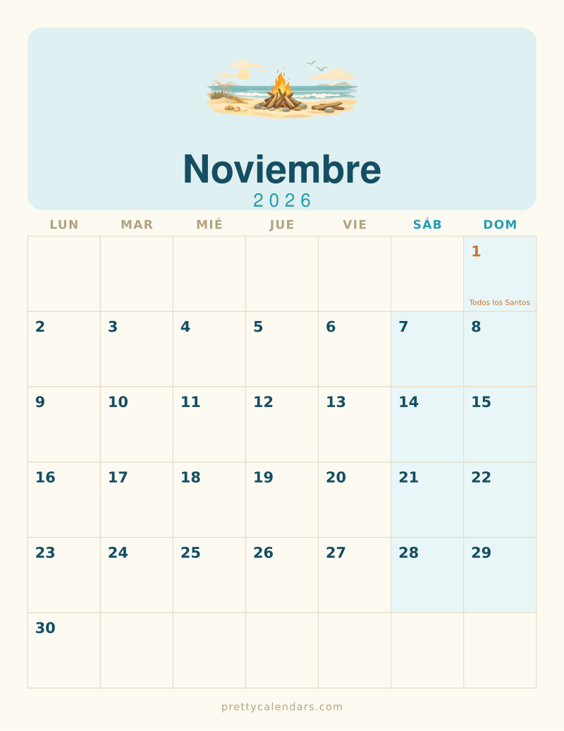 Calendario de Noviembre 2026 para imprimir, estilo Playa