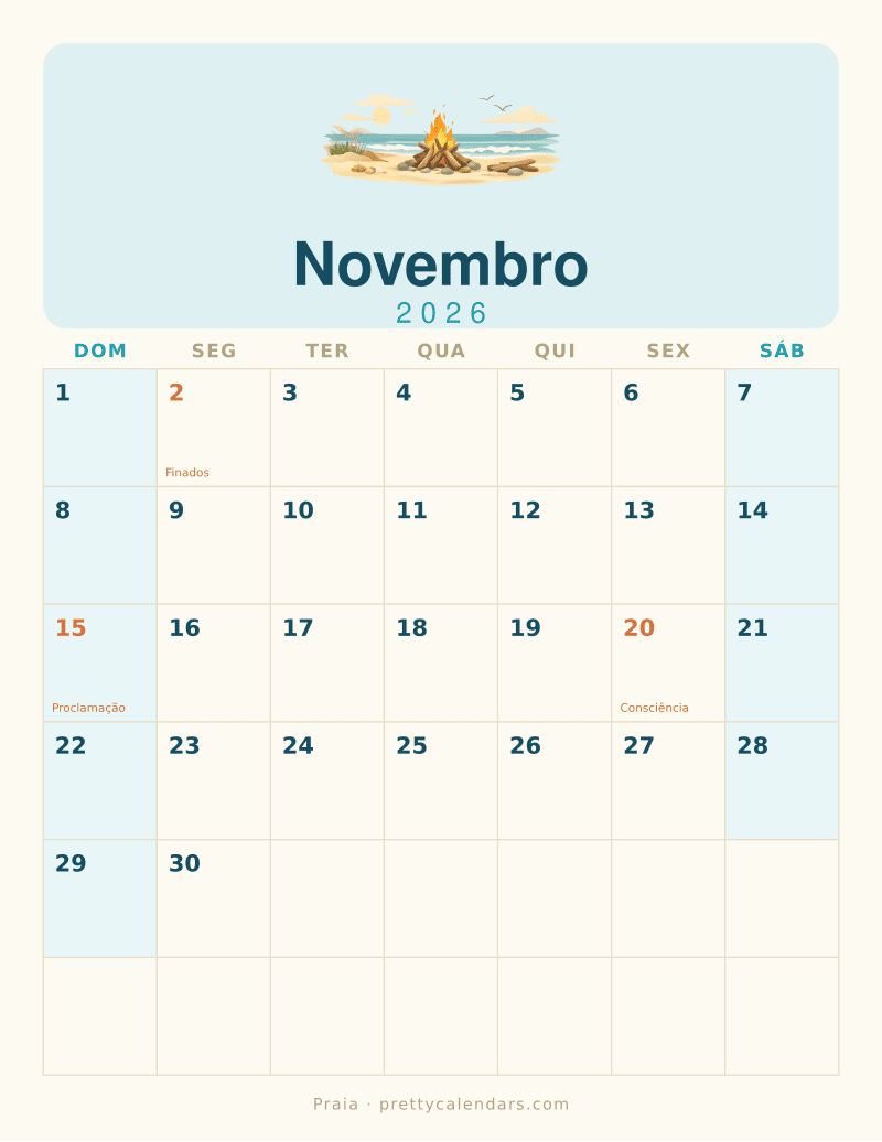 Calendário de Novembro de 2026 para imprimir, estilo Praia