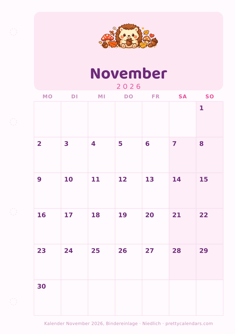 Druckbarer Kalender November 2026 mit Binderlochrand, Design Niedlich