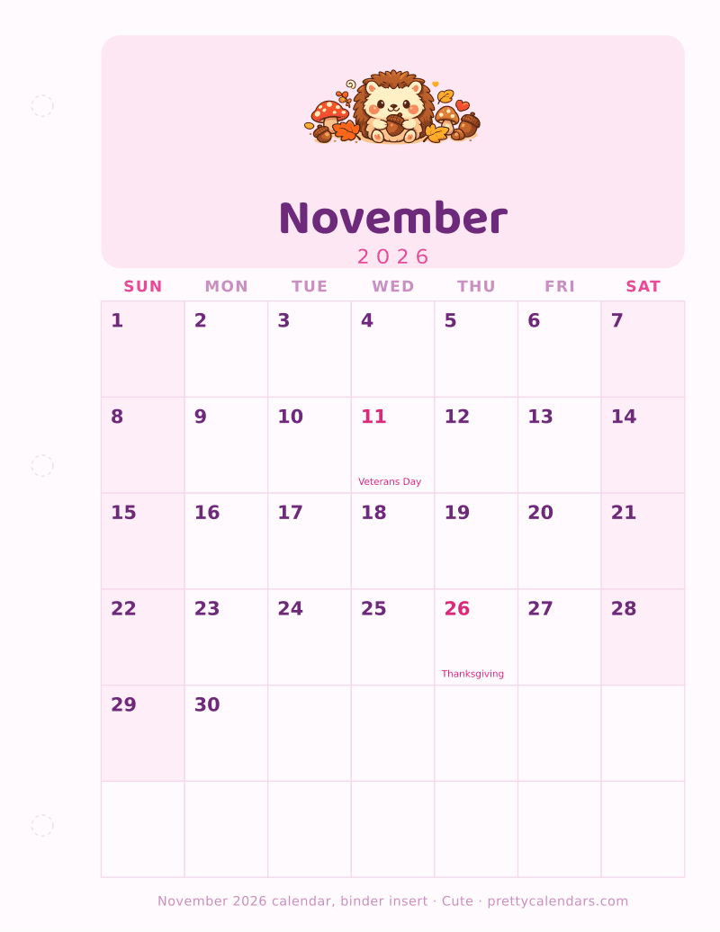 Printable November 2026 calendar as a three ring binder insert with a hole punch margin, Cute style