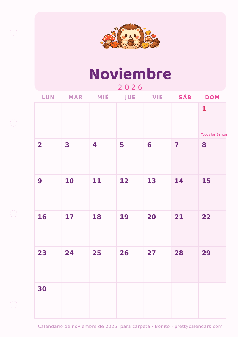 Calendario de Noviembre 2026 para imprimir y archivar en carpeta de cuatro anillas, con margen de perforación, estilo Bonito