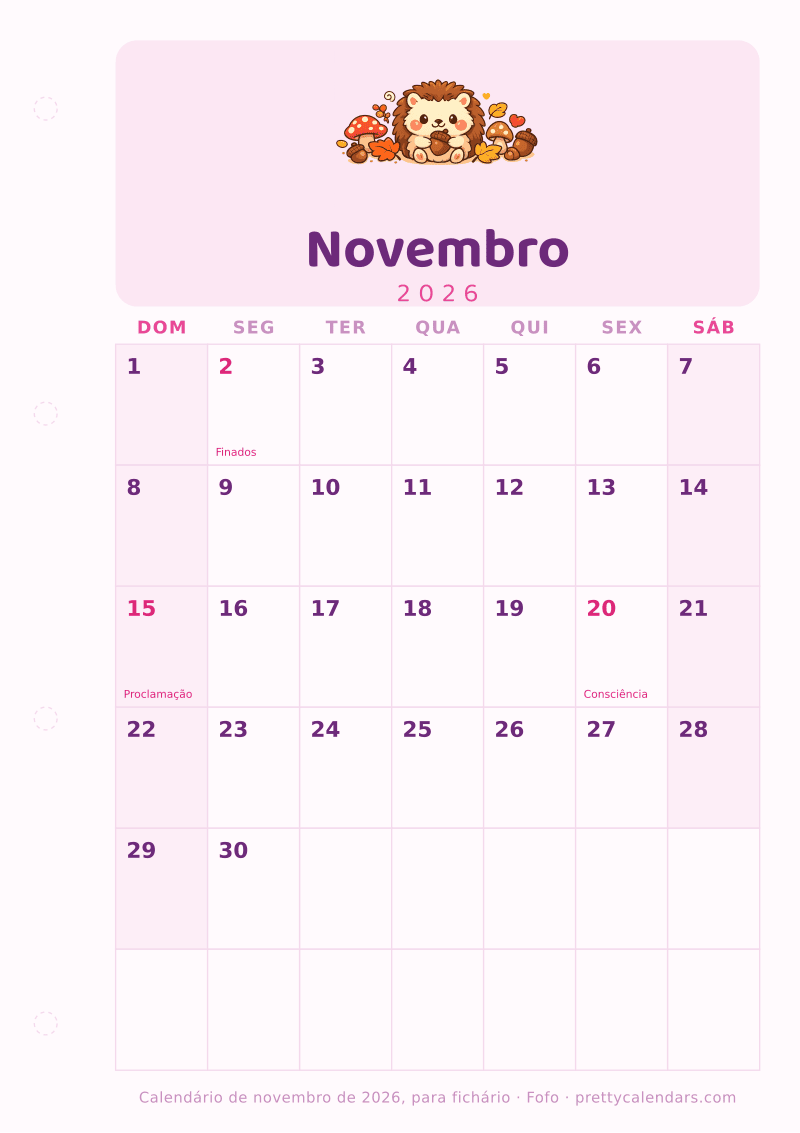Calendário de Novembro de 2026 para imprimir com margem para fichário, estilo Fofo