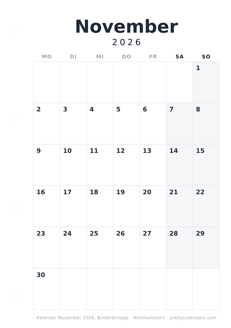 Druckbarer Kalender November 2026 mit Binderlochrand, Design Minimalistisch