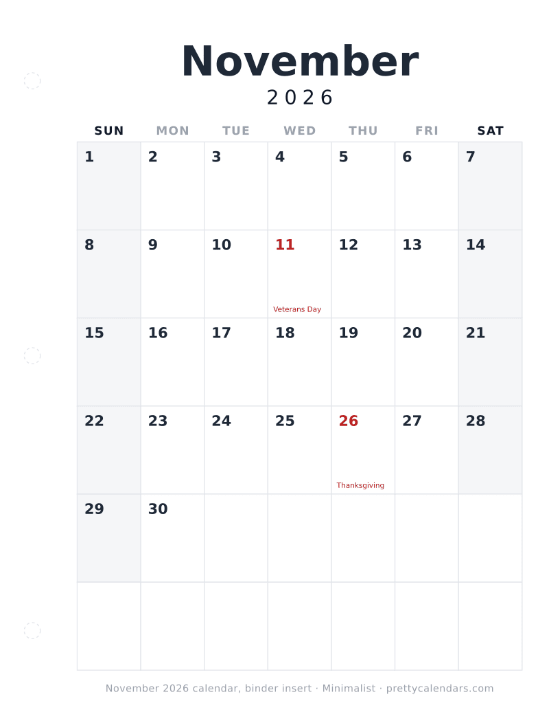 Printable November 2026 calendar as a three ring binder insert with a hole punch margin, Minimalist style