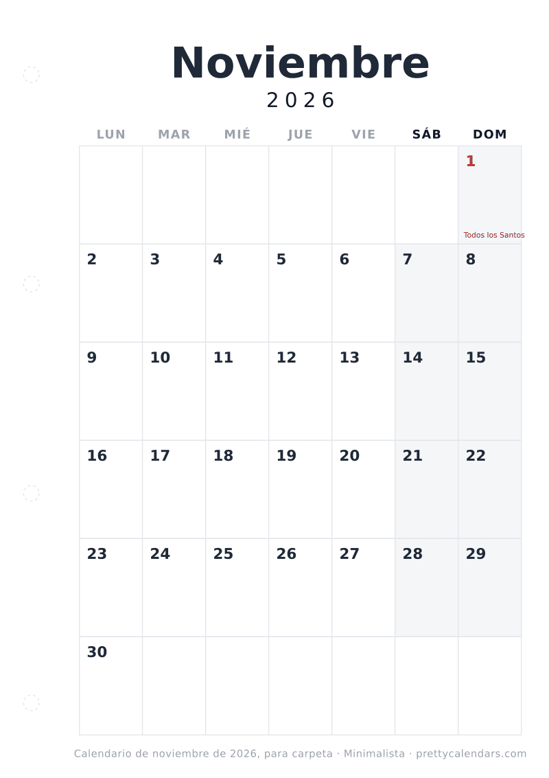 Calendario de Noviembre 2026 para imprimir y archivar en carpeta de cuatro anillas, con margen de perforación, estilo Minimalista