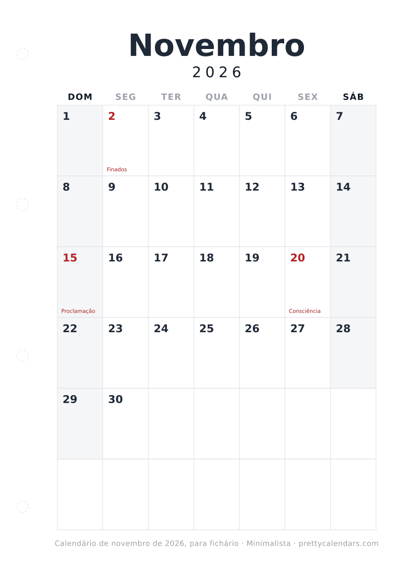 Calendário de Novembro de 2026 para imprimir com margem para fichário, estilo Minimalista