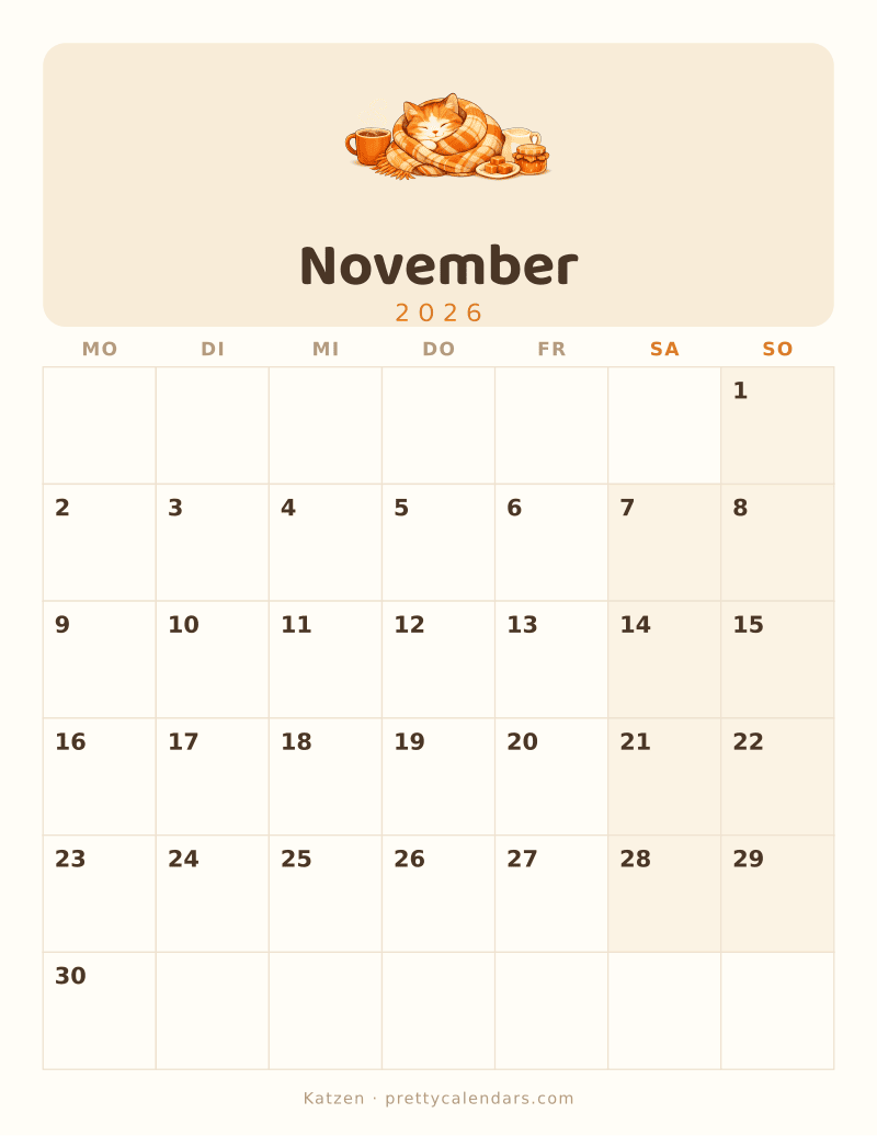 Druckbarer Kalender November 2026, Design Katzen