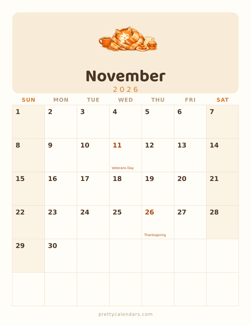 November 2026 printable calendar, Cat style