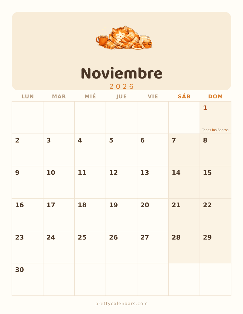 Calendario de Noviembre 2026 para imprimir, estilo Gatos