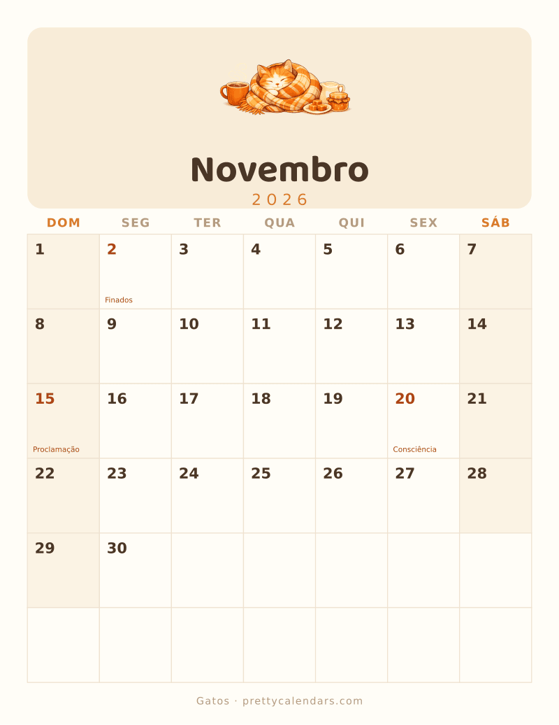 Calendário de Novembro de 2026 para imprimir, estilo Gatos
