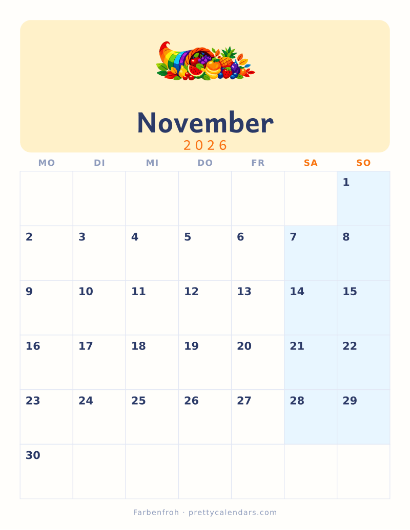 Druckbarer Kalender November 2026, Design Farbenfroh
