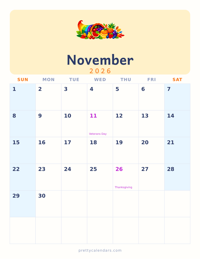 November 2026 printable calendar, Colorful style