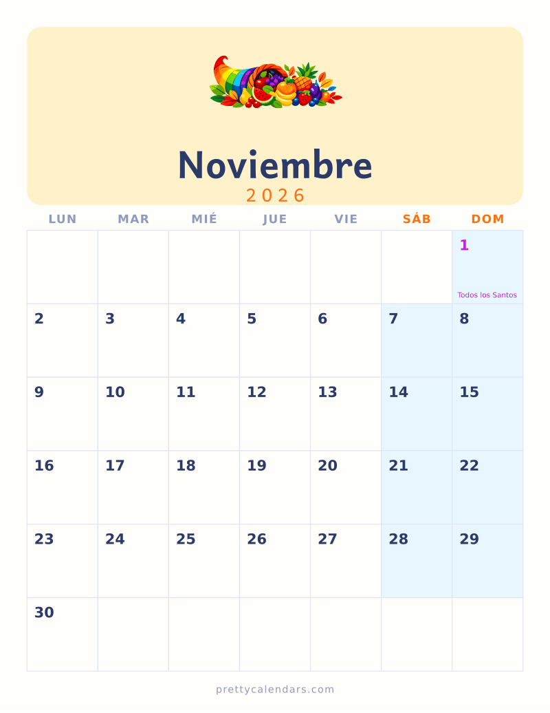 Calendario de Noviembre 2026 para imprimir, estilo Colorido