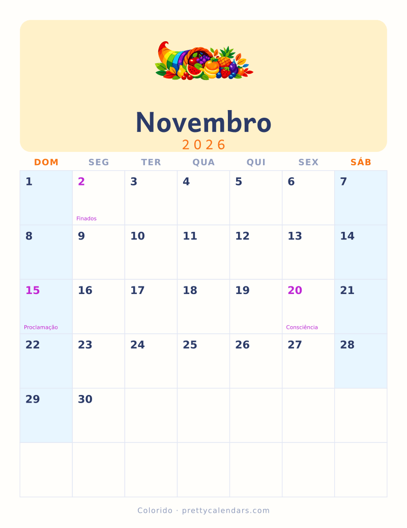 Calendário de Novembro de 2026 para imprimir, estilo Colorido