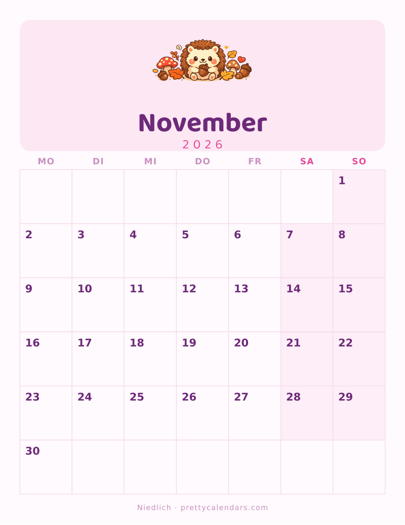 Druckbarer Kalender November 2026, Design Niedlich