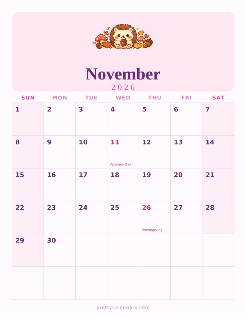 November 2026 printable calendar, Cute style