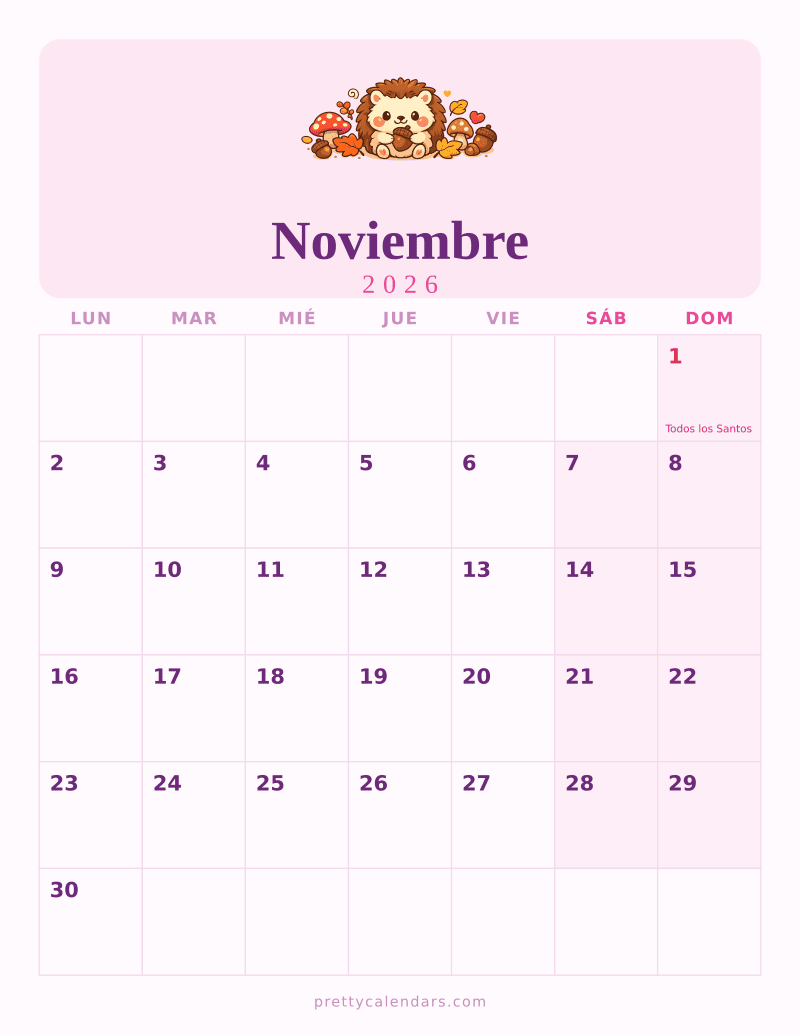 Calendario de Noviembre 2026 para imprimir, estilo Bonito