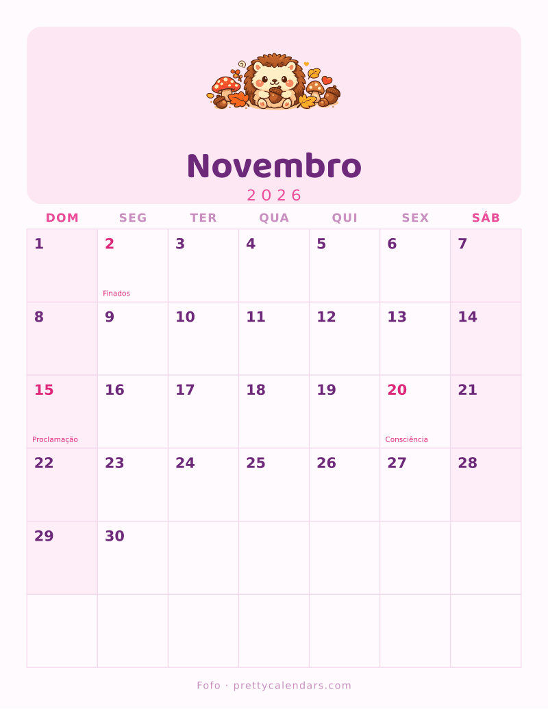 Calendário de Novembro de 2026 para imprimir, estilo Fofo
