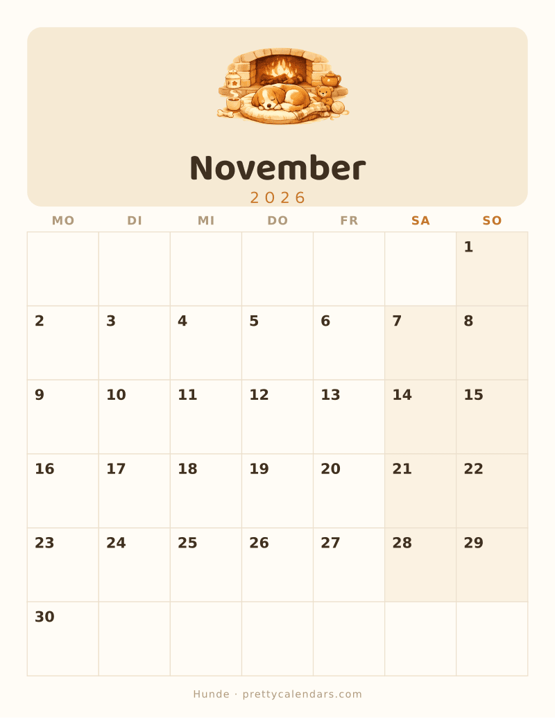Druckbarer Kalender November 2026, Design Hunde