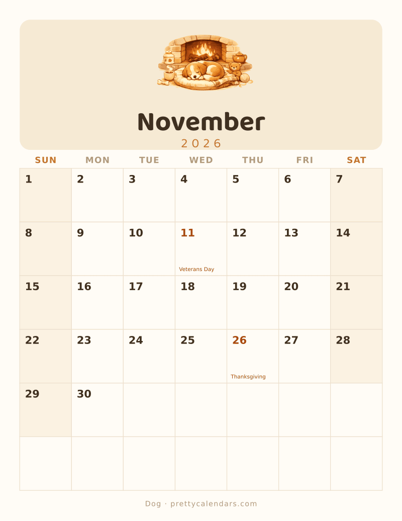 November 2026 printable calendar, Dog style
