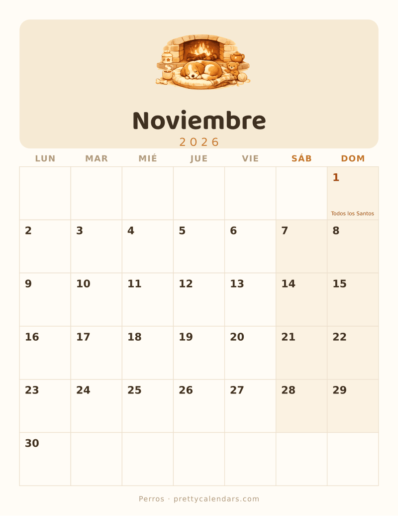 Calendario de Noviembre 2026 para imprimir, estilo Perros