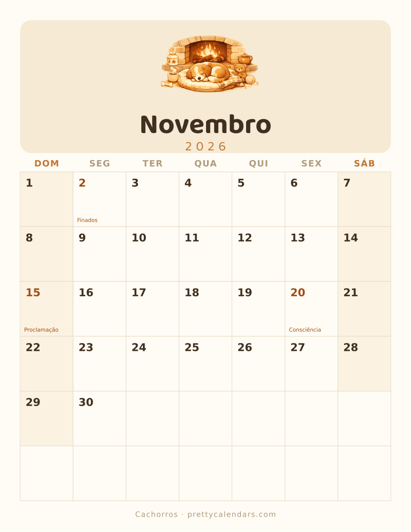 Calendário de Novembro de 2026 para imprimir, estilo Cachorros
