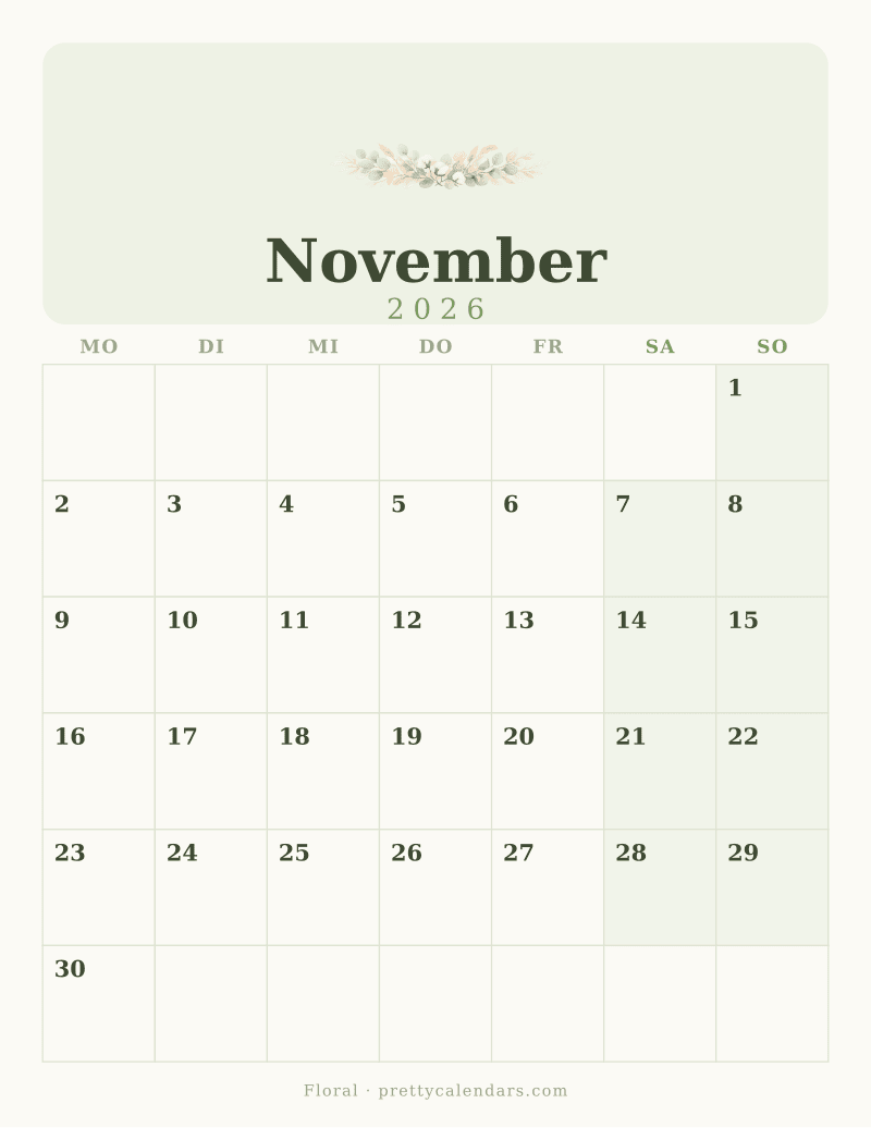 Druckbarer Kalender November 2026, Design Floral